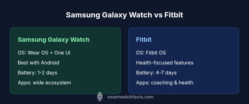 Infographic comparing Samsung Galaxy Watch and Fitbit features