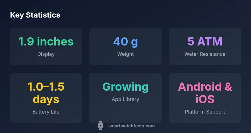 Infographic showing display size, weight, water resistance, battery life, and app library growth for the itouch smartwatch