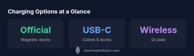 Infographic showing official chargers, USB-C, and wireless charging options for smart watches